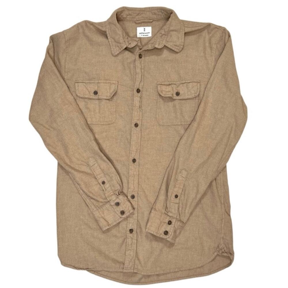 Mens Beige Flannel Button Down Shirt Mutual Weave Size M